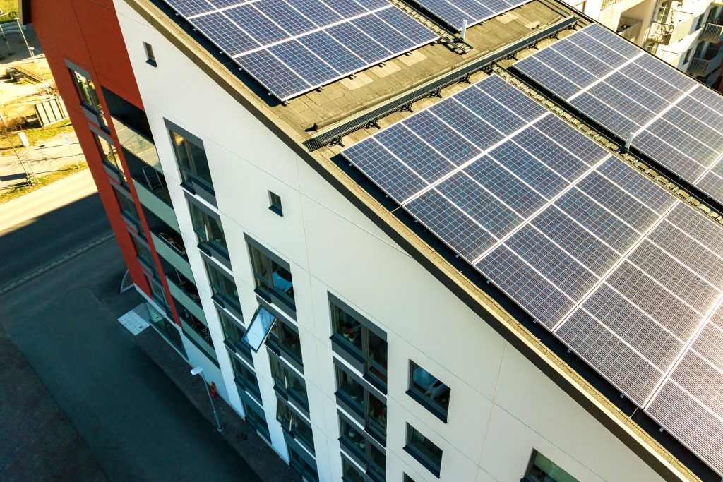 solar photovoltaic panels on a roof top of reside